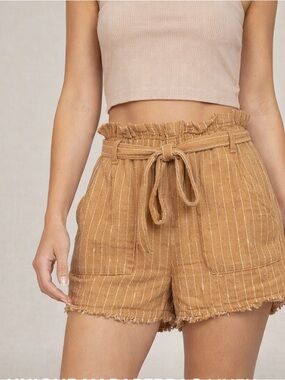 Unionbay Paperbag Linen Blend Shorts Striped Tan Belted Size Medium